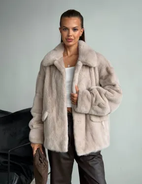 Короткая норковая шуба в цвете нюд - фото 5