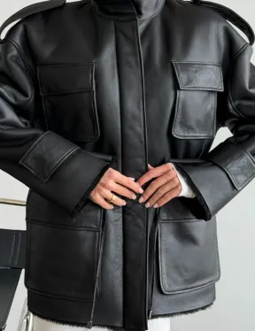 Черная куртка - дубленка из испанского мериноса - фото 2