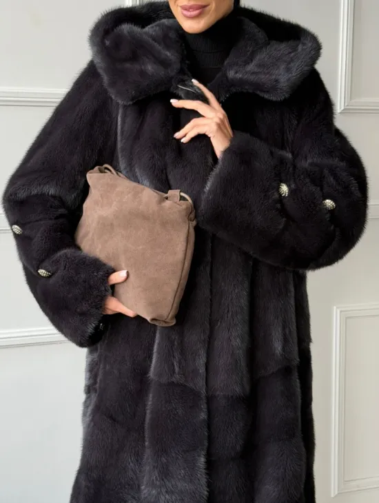 Норковая шуба с капюшоном - графит - фото 2
