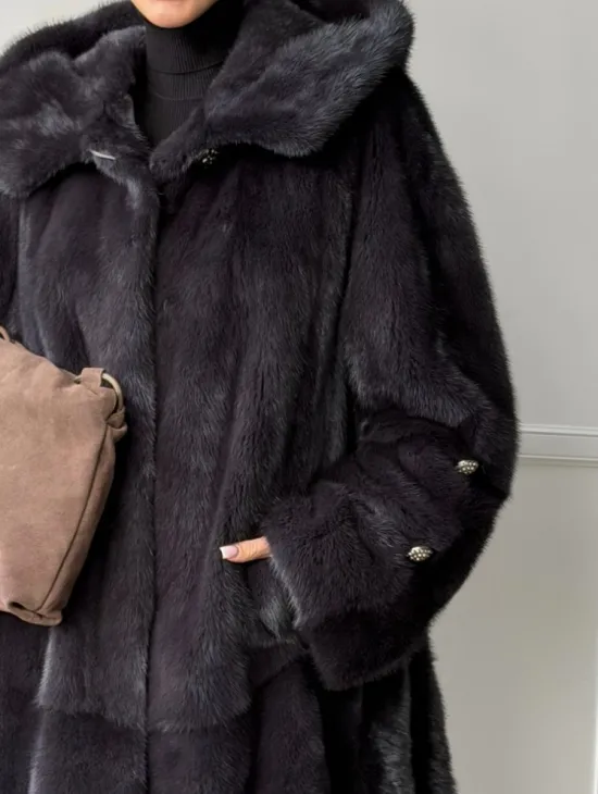 Норковая шуба с капюшоном - графит - фото 1
