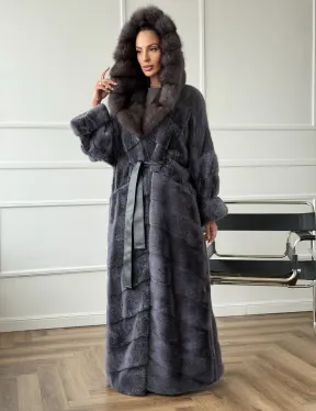 Длинная норковая шуба в пол с капюшоном куница - фото 7