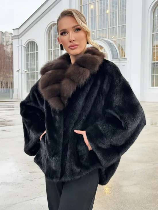 Черный норковый жакет с воротником куницы - фото 11