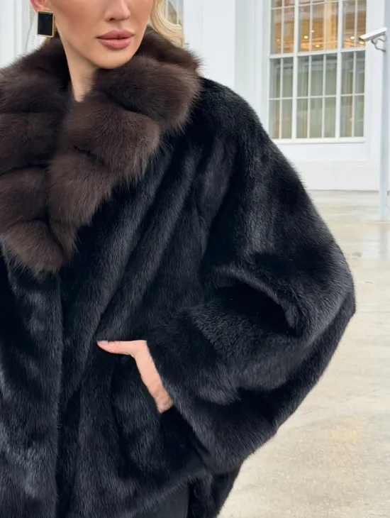 Черный норковый жакет с воротником куницы - фото 3