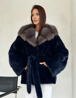 Норковый полушубок синего цвета с капюшоном куница - фото 0
