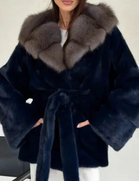 Норковый полушубок синего цвета с капюшоном куница - фото 1