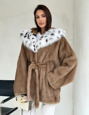 Шуба норковая пастель в роспуск с капюшоном под рысь - фото 8