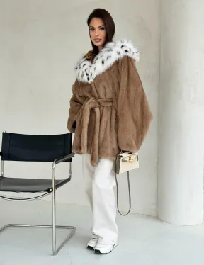 Шуба норковая пастель в роспуск с капюшоном под рысь - фото 7