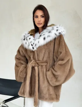 Шуба норковая пастель в роспуск с капюшоном под рысь - фото 12