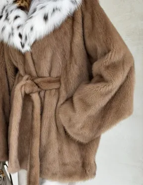 Шуба норковая пастель в роспуск с капюшоном под рысь - фото 1