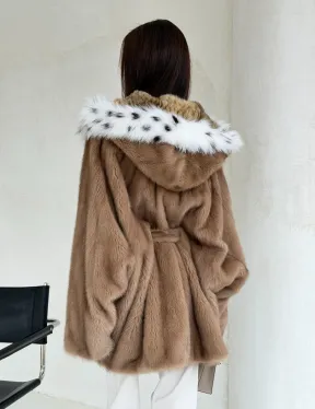 Шуба норковая пастель в роспуск с капюшоном под рысь - фото 10