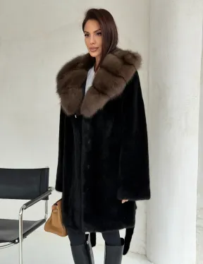 Черная норковая шуба средней длины - капюшон куница - фото 7