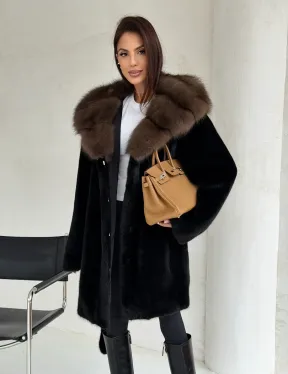 Черная норковая шуба средней длины - капюшон куница - фото 9