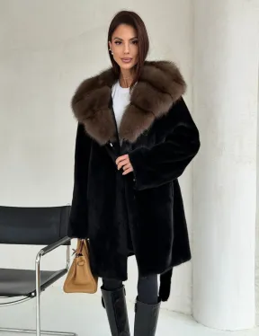 Черная норковая шуба средней длины - капюшон куница - фото 8