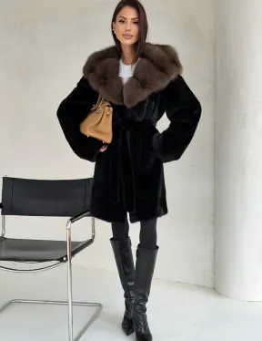 Черная норковая шуба средней длины - капюшон куница - фото 5