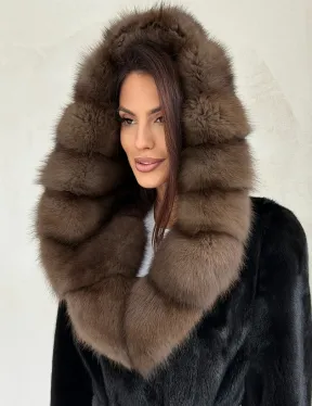 Черная норковая шуба средней длины - капюшон куница - фото 4