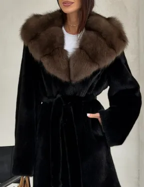 Черная норковая шуба средней длины - капюшон куница - фото 2