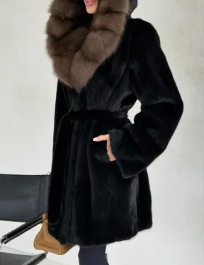 Черная норковая шуба средней длины - капюшон куница - фото 3
