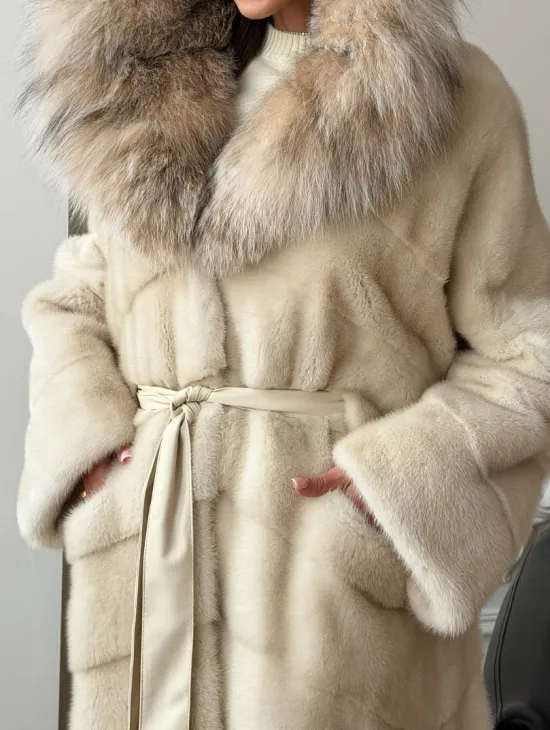 Длинная норковая шуба - капюшон из меха рыси - фото 2