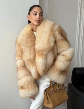 Полушубок-кроп с шалевым воротником из меха песца - фото 6