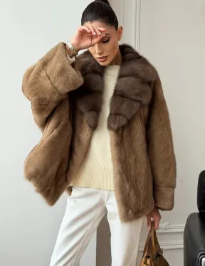 Норковый полушубок с воротником куницы 70 см - фото 3