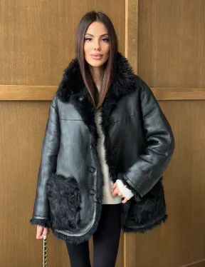Черная двухсторонняя дубленка из меха тиградо - фото 0