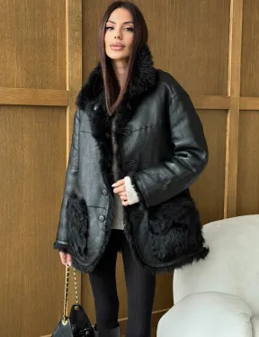 Черная двухсторонняя дубленка из меха тиградо - фото 7