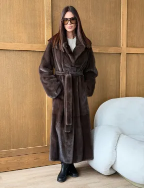 Норковая шуба - прямой крой с меховым поясом - фото 0