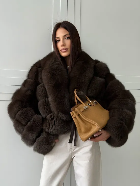 Полушубок-кроп из песца с шалевым воротником - фото 16