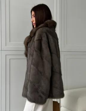 Шуба норковая автоледи - воротник куница (серый) - фото 5