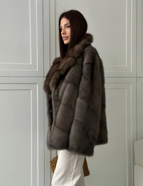 Шуба норковая автоледи - воротник куница (серый) - фото 8