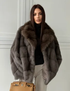 Шуба норковая автоледи - воротник куница (серый) - фото 0