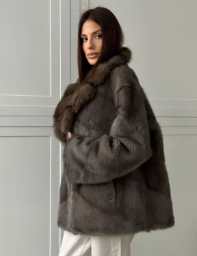 Шуба норковая автоледи - воротник куница (серый) - фото 4