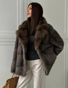 Шуба норковая автоледи - воротник куница (серый) - фото 3