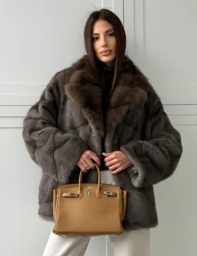 Шуба норковая автоледи - воротник куница (серый) - фото 9