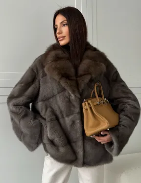 Шуба норковая автоледи - воротник куница (серый) - фото 7