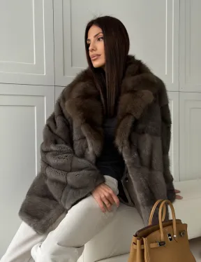 Шуба норковая автоледи - воротник куница (серый) - фото 10