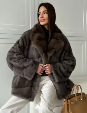 Шуба норковая автоледи - воротник куница (серый) - фото 2