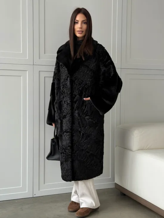 Черная шуба из каракуля с норкой - фото 11