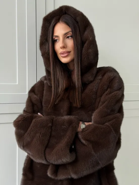 Норковая шуба в стиле «рубашка» с капюшоном - фото 7