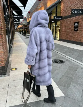 Шикарная норковая шуба с капюшоном - цвет сапфир - фото 2