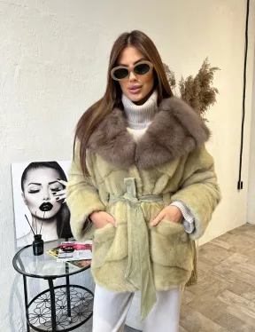Куртка из меха норки с капюшоном  - цвет фисташка - фото 1