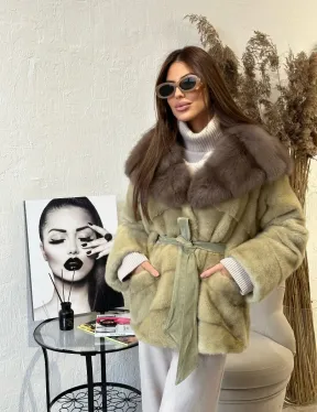 Куртка из меха норки с капюшоном  - цвет фисташка - фото 2