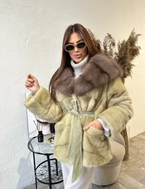 Куртка из меха норки с капюшоном  - цвет фисташка - фото 3