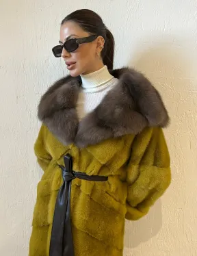 Норковая шуба с капюшоном куница - цвет горчичный - фото 1