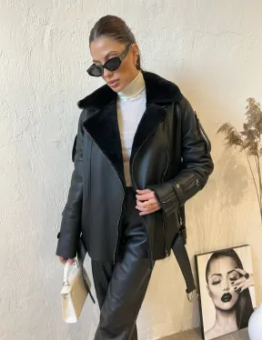 Дубленка авиатор в черном цвете из натуральной овчины - фото 5