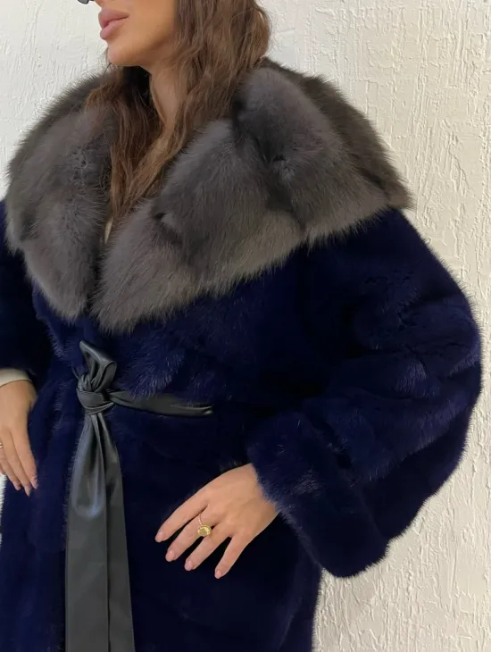 Шуба из меха норки с капюшоном куница - цвет электрик - фото 1