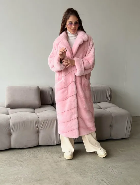 Удлиненная шуба из плюшевой норки Velvet цвет розовый - фото 0