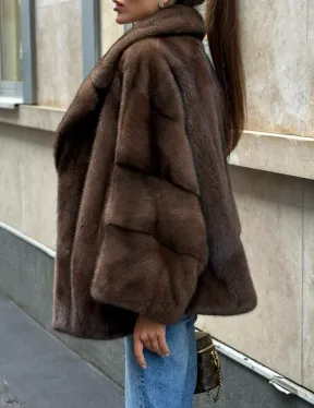 Норковый полушубок с английским воротником - цвет орех - фото 2