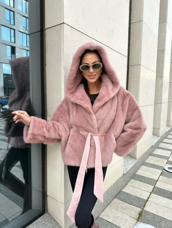 Норковый жакет с капюшоном - цвет розовый фламинго - фото 4