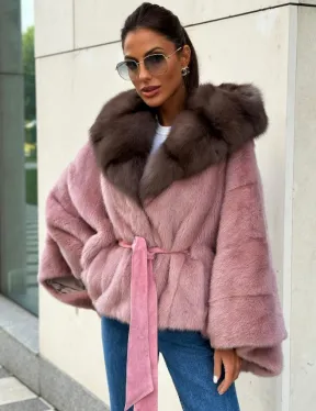 Пудра летучка из меха норки, капюшон куница - фото 1